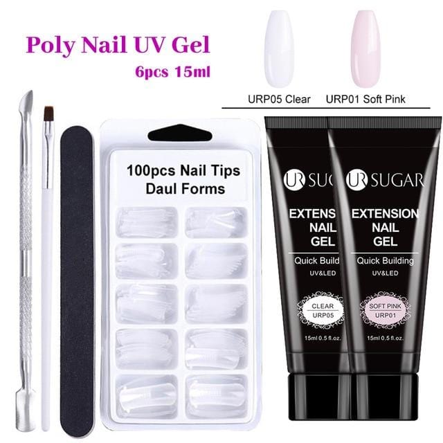 UR SUGAR 15ml Poly UV Nail Gel Kit Acrylic Set Extend Fast Builder UV Gel Slip Solution Nail Form Nail Art Brush Nail Tool Kit