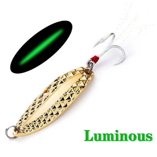 Metal Luminous Spinner Spoon Fishing Lures 7g 10g 15g Night Tackle Sequins Bait Noise Paillette With Feather Treble Hook Pesca