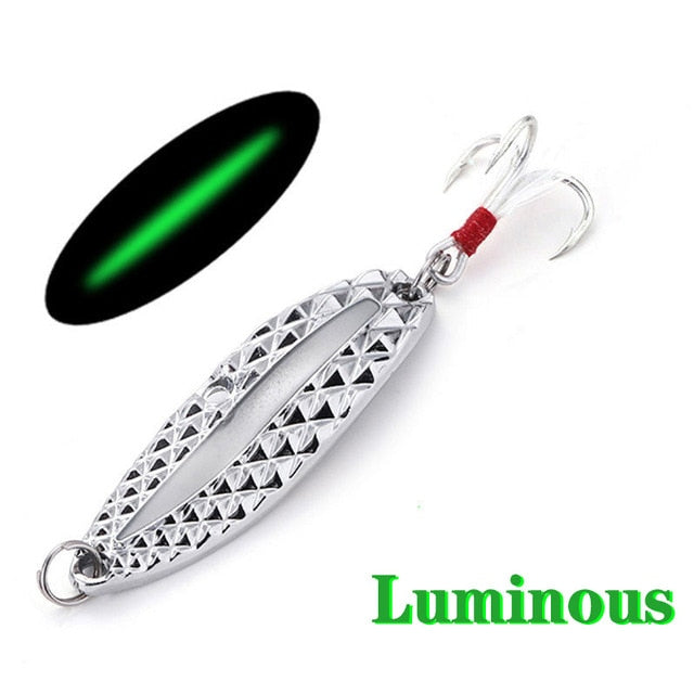 Metal Luminous Spinner Spoon Fishing Lures 7g 10g 15g Night Tackle Sequins Bait Noise Paillette With Feather Treble Hook Pesca