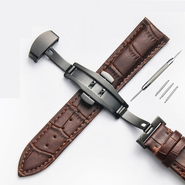 Strap Bamboo Pattern Strap Genuine Leather Watchband with Double Press Butterfly Buckle Watches Accessories 12-24mm