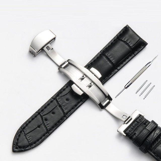 Strap Bamboo Pattern Strap Genuine Leather Watchband with Double Press Butterfly Buckle Watches Accessories 12-24mm