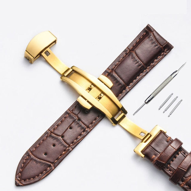 Strap Bamboo Pattern Strap Genuine Leather Watchband with Double Press Butterfly Buckle Watches Accessories 12-24mm