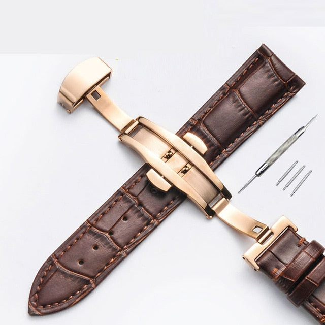 Strap Bamboo Pattern Strap Genuine Leather Watchband with Double Press Butterfly Buckle Watches Accessories 12-24mm