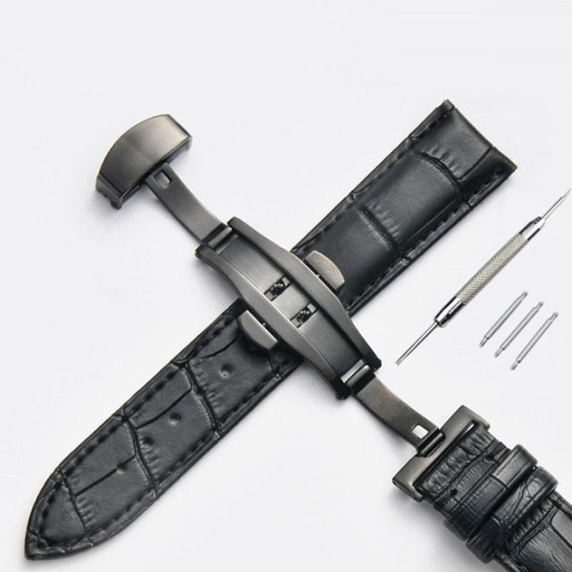 Strap Bamboo Pattern Strap Genuine Leather Watchband with Double Press Butterfly Buckle Watches Accessories 12-24mm