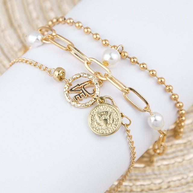 New Punk Rhinestone Geometric Chain Bracelets Set for Women Bohemia Multilayer Beads Charm Bangles Fashion Party Jewelry Gift