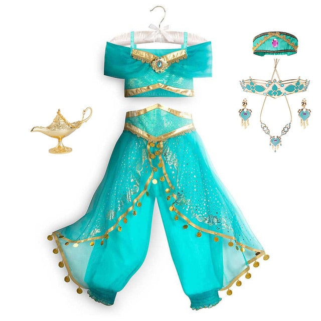 Princess Dress up of Aladdin and the Magic Lamp Girls Birthday Party Jasmine Cosplay Costume Top+Pants+Headband 2 4 6 8 10 12Yrs