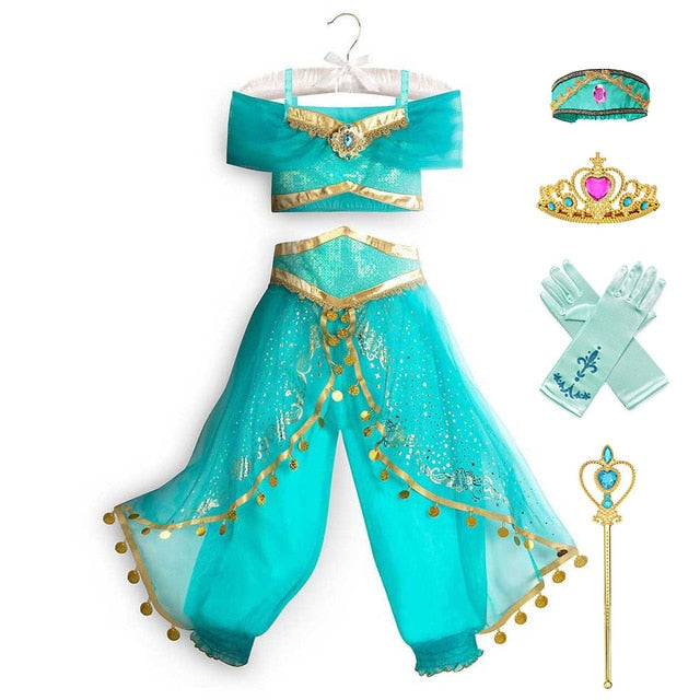 Princess Dress up of Aladdin and the Magic Lamp Girls Birthday Party Jasmine Cosplay Costume Top+Pants+Headband 2 4 6 8 10 12Yrs