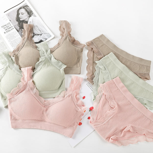 SVOKOR Sexy Lace Lingerie Set Padded Bra Set Without Steel Ring Solid Women's Underwear Brassiere Comfortable Fitness Crop Top