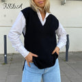 FSDA Women V Neck Sleeveless Sweater Vest Knitted 2020 Jumper Autumn Winter Split White Korean Preppy Pullover Loose Top Casual