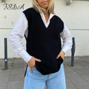 FSDA Women V Neck Sleeveless Sweater Vest Knitted 2020 Jumper Autumn Winter Split White Korean Preppy Pullover Loose Top Casual