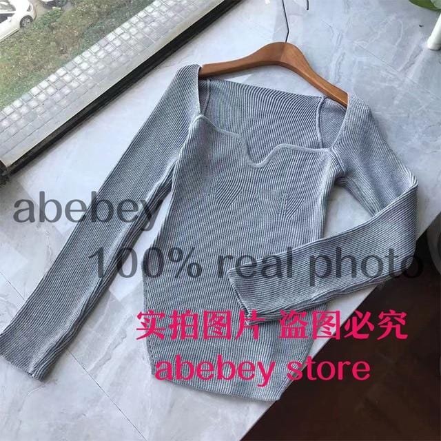 2020 new spring and summer fashion women clothes cashmere sqaure collar full sleeves elastic high waist sexy pullover WK080