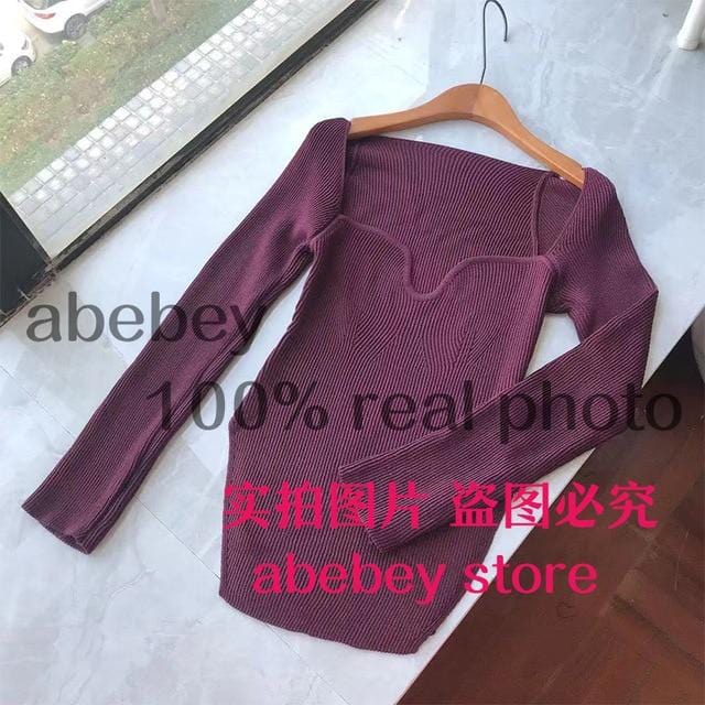 2020 new spring and summer fashion women clothes cashmere sqaure collar full sleeves elastic high waist sexy pullover WK080