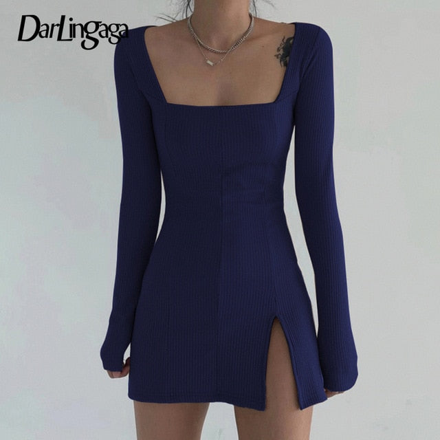 Darlingaga Elegant Square Neck Ribbed Black Dress Female Knitted Side Split Bodycon Dress Long Sleeve Fashion Mini Dresses Basic