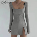 Darlingaga Elegant Square Neck Ribbed Black Dress Female Knitted Side Split Bodycon Dress Long Sleeve Fashion Mini Dresses Basic