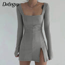Darlingaga Elegant Square Neck Ribbed Black Dress Female Knitted Side Split Bodycon Dress Long Sleeve Fashion Mini Dresses Basic