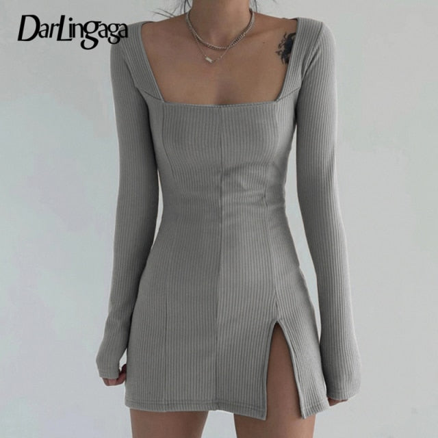 Darlingaga Elegant Square Neck Ribbed Black Dress Female Knitted Side Split Bodycon Dress Long Sleeve Fashion Mini Dresses Basic
