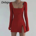 Darlingaga Elegant Square Neck Ribbed Black Dress Female Knitted Side Split Bodycon Dress Long Sleeve Fashion Mini Dresses Basic