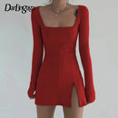 Darlingaga Elegant Square Neck Ribbed Black Dress Female Knitted Side Split Bodycon Dress Long Sleeve Fashion Mini Dresses Basic