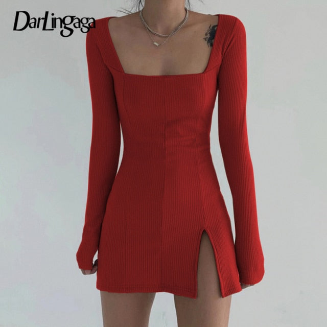 Darlingaga Elegant Square Neck Ribbed Black Dress Female Knitted Side Split Bodycon Dress Long Sleeve Fashion Mini Dresses Basic