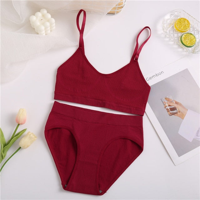 Seamless Women Bra Set Cotton Sexy Thong Tank Top Solid Breathable Low Waist Panty Ladies Lingerie Set  Fashion Underwear Set