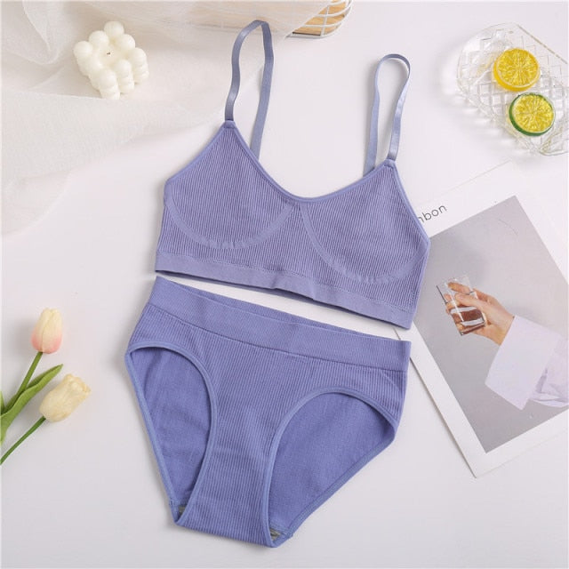 Seamless Women Bra Set Cotton Sexy Thong Tank Top Solid Breathable Low Waist Panty Ladies Lingerie Set  Fashion Underwear Set