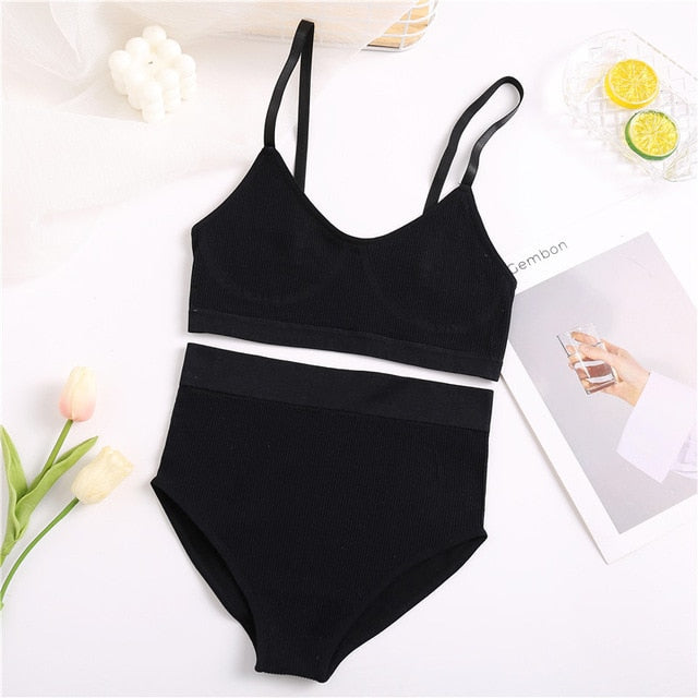 Seamless Women Bra Set Cotton Sexy Thong Tank Top Solid Breathable Low Waist Panty Ladies Lingerie Set  Fashion Underwear Set
