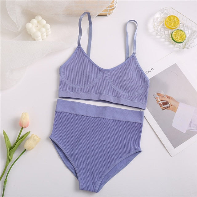 Seamless Women Bra Set Cotton Sexy Thong Tank Top Solid Breathable Low Waist Panty Ladies Lingerie Set  Fashion Underwear Set