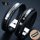 Vnox Customize Name Quotes Leather Bracelets for Men Glossy Stainless Steel Layered Braided Bangle Personalized DAD Husband Gift