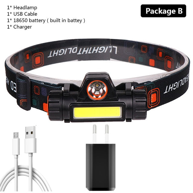 XP-G Q5 built-in 18650 battery 2 light mode with magnet Waterproof headlight head lamp flashlight LED head lamp COB work light