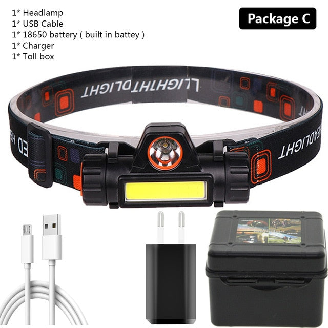 XP-G Q5 built-in 18650 battery 2 light mode with magnet Waterproof headlight head lamp flashlight LED head lamp COB work light