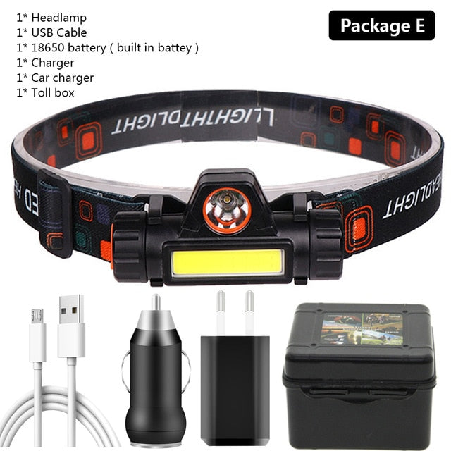XP-G Q5 built-in 18650 battery 2 light mode with magnet Waterproof headlight head lamp flashlight LED head lamp COB work light
