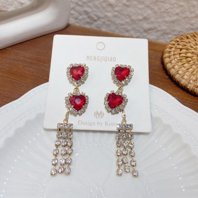 MENGJIQIAO New Korean Shiny Heart Crystal Drop Earrings For Women Fashion Shell Rhinestone Boucle D'oreille Party Jeweley Gift