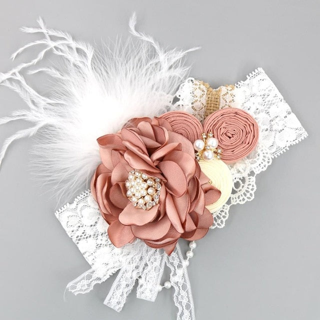 Vintage Flower Headband Baby Girls Headwraps Newborn Photography Props Gifts Lace Elastic Hair Bands Pearl Feather Accessories