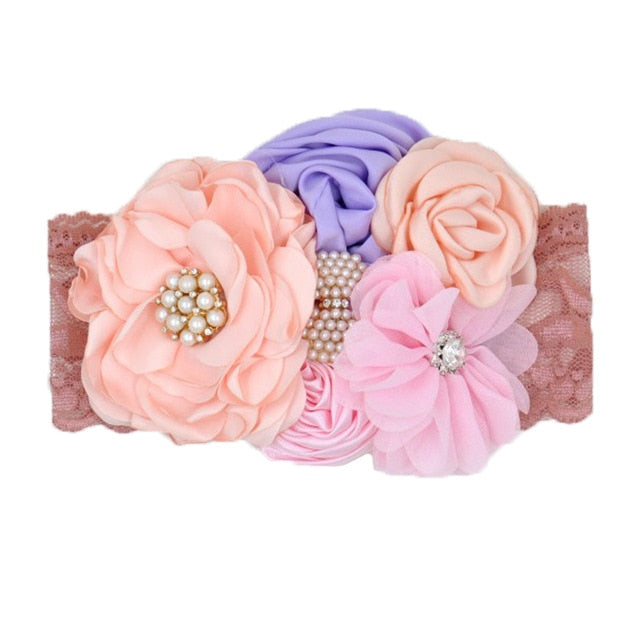 Vintage Flower Headband Baby Girls Headwraps Newborn Photography Props Gifts Lace Elastic Hair Bands Pearl Feather Accessories