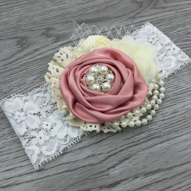 Vintage Flower Headband Baby Girls Headwraps Newborn Photography Props Gifts Lace Elastic Hair Bands Pearl Feather Accessories