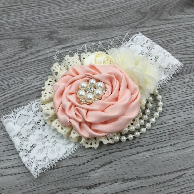 Vintage Flower Headband Baby Girls Headwraps Newborn Photography Props Gifts Lace Elastic Hair Bands Pearl Feather Accessories