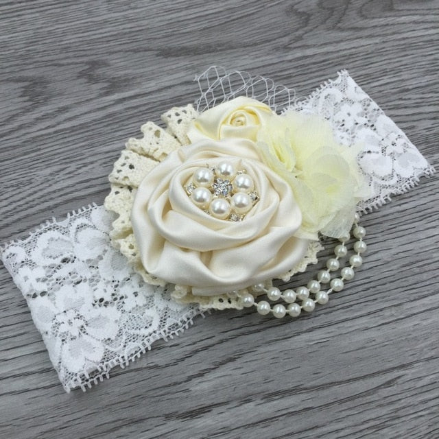 Vintage Flower Headband Baby Girls Headwraps Newborn Photography Props Gifts Lace Elastic Hair Bands Pearl Feather Accessories