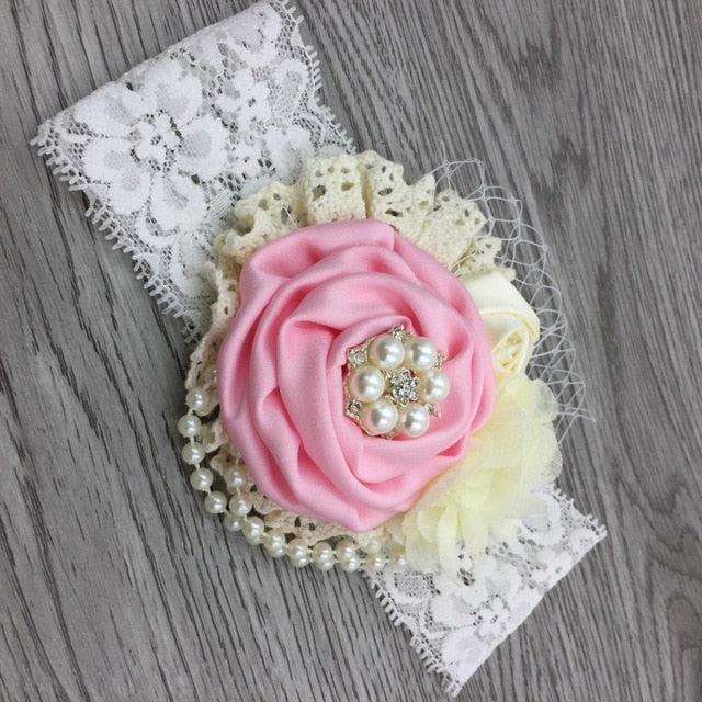 Vintage Flower Headband Baby Girls Headwraps Newborn Photography Props Gifts Lace Elastic Hair Bands Pearl Feather Accessories