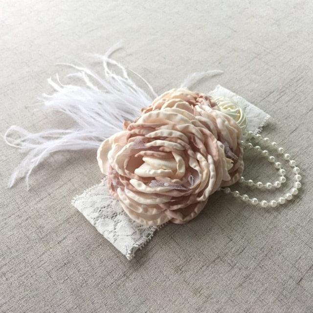 Vintage Flower Headband Baby Girls Headwraps Newborn Photography Props Gifts Lace Elastic Hair Bands Pearl Feather Accessories