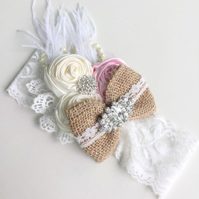 Vintage Flower Headband Baby Girls Headwraps Newborn Photography Props Gifts Lace Elastic Hair Bands Pearl Feather Accessories
