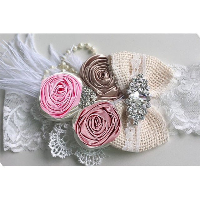 Vintage Flower Headband Baby Girls Headwraps Newborn Photography Props Gifts Lace Elastic Hair Bands Pearl Feather Accessories