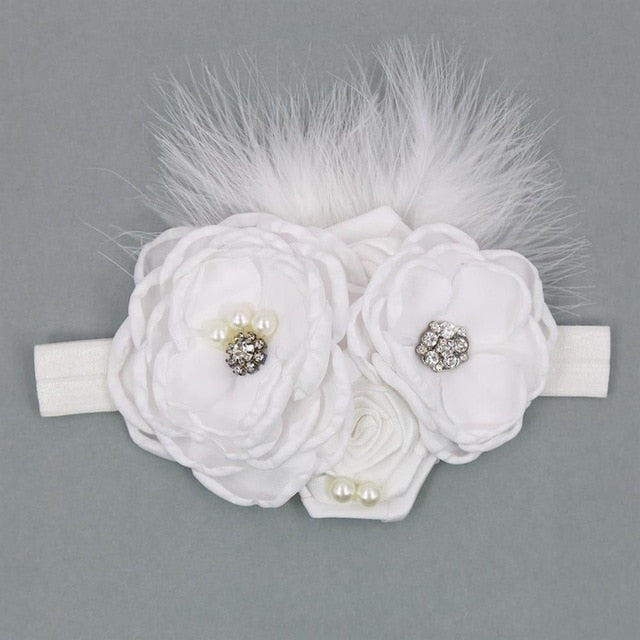 Vintage Flower Headband Baby Girls Headwraps Newborn Photography Props Gifts Lace Elastic Hair Bands Pearl Feather Accessories