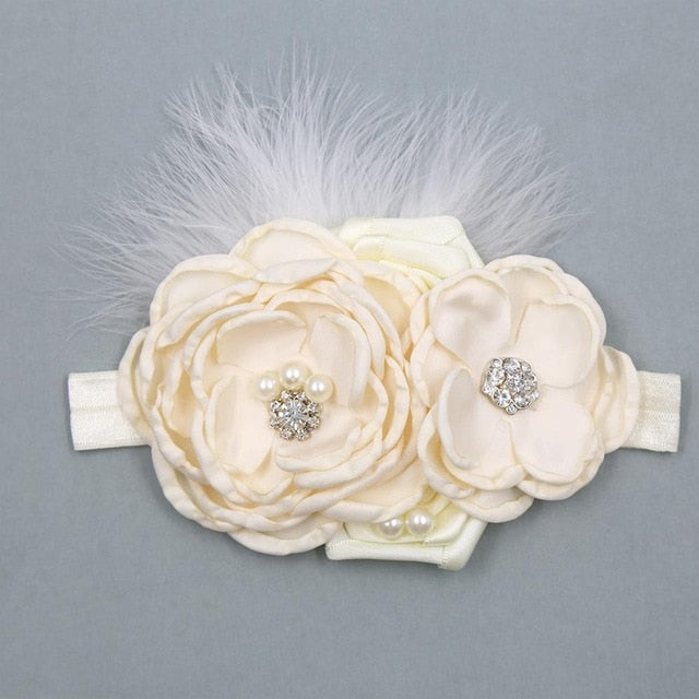 Vintage Flower Headband Baby Girls Headwraps Newborn Photography Props Gifts Lace Elastic Hair Bands Pearl Feather Accessories