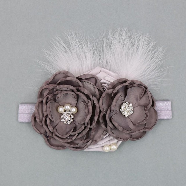 Vintage Flower Headband Baby Girls Headwraps Newborn Photography Props Gifts Lace Elastic Hair Bands Pearl Feather Accessories