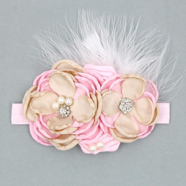 Vintage Flower Headband Baby Girls Headwraps Newborn Photography Props Gifts Lace Elastic Hair Bands Pearl Feather Accessories
