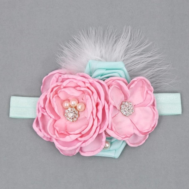Vintage Flower Headband Baby Girls Headwraps Newborn Photography Props Gifts Lace Elastic Hair Bands Pearl Feather Accessories