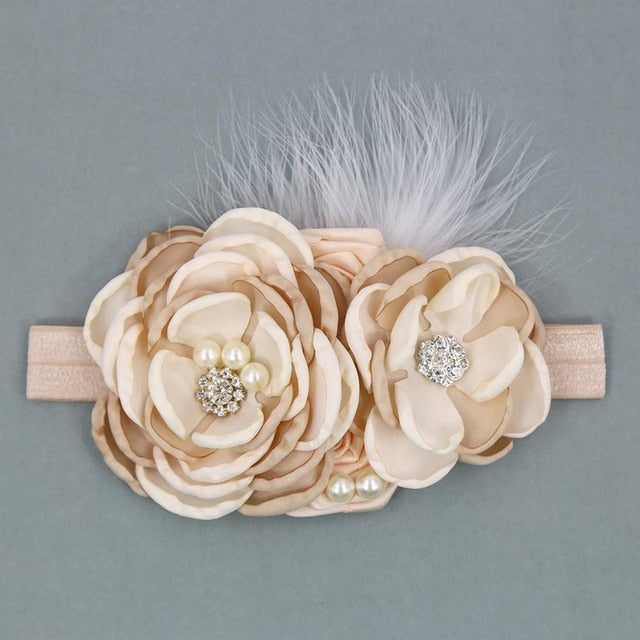 Vintage Flower Headband Baby Girls Headwraps Newborn Photography Props Gifts Lace Elastic Hair Bands Pearl Feather Accessories