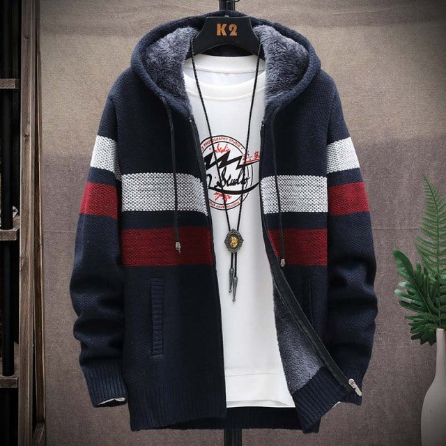 FALIZA Men's Striped Sweater Coat Thick Fleece Warm Zipper Wool Hooded Cardigan Jumpers Men Long Sleeve Knitted Sweaters XY110