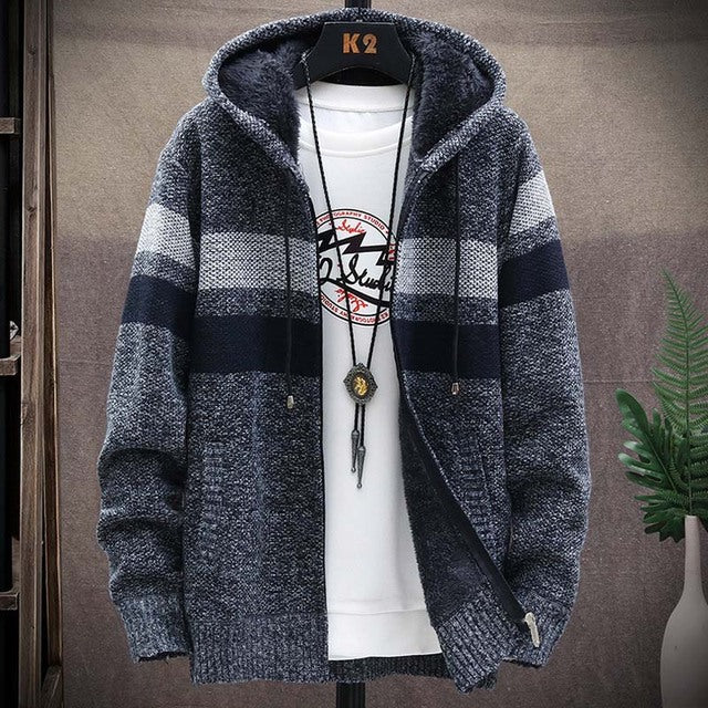 FALIZA Men's Striped Sweater Coat Thick Fleece Warm Zipper Wool Hooded Cardigan Jumpers Men Long Sleeve Knitted Sweaters XY110