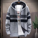 FALIZA Men's Striped Sweater Coat Thick Fleece Warm Zipper Wool Hooded Cardigan Jumpers Men Long Sleeve Knitted Sweaters XY110